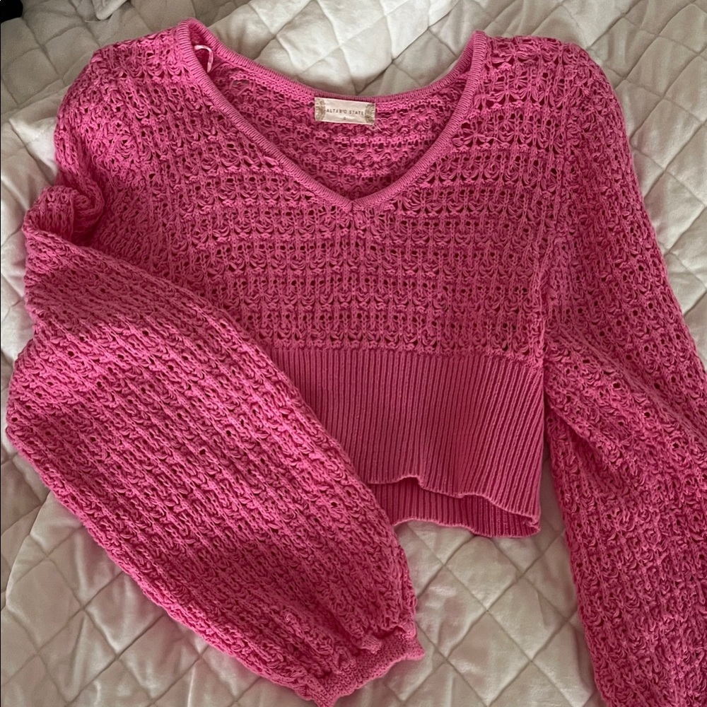 ALTR’D STATE Hot Pink Open-Knit V-Neck Cropped Sweater